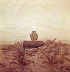 Landschaft mit Grab, Sarg und Eule (landscape with grave, coffin and owl), 1836-37